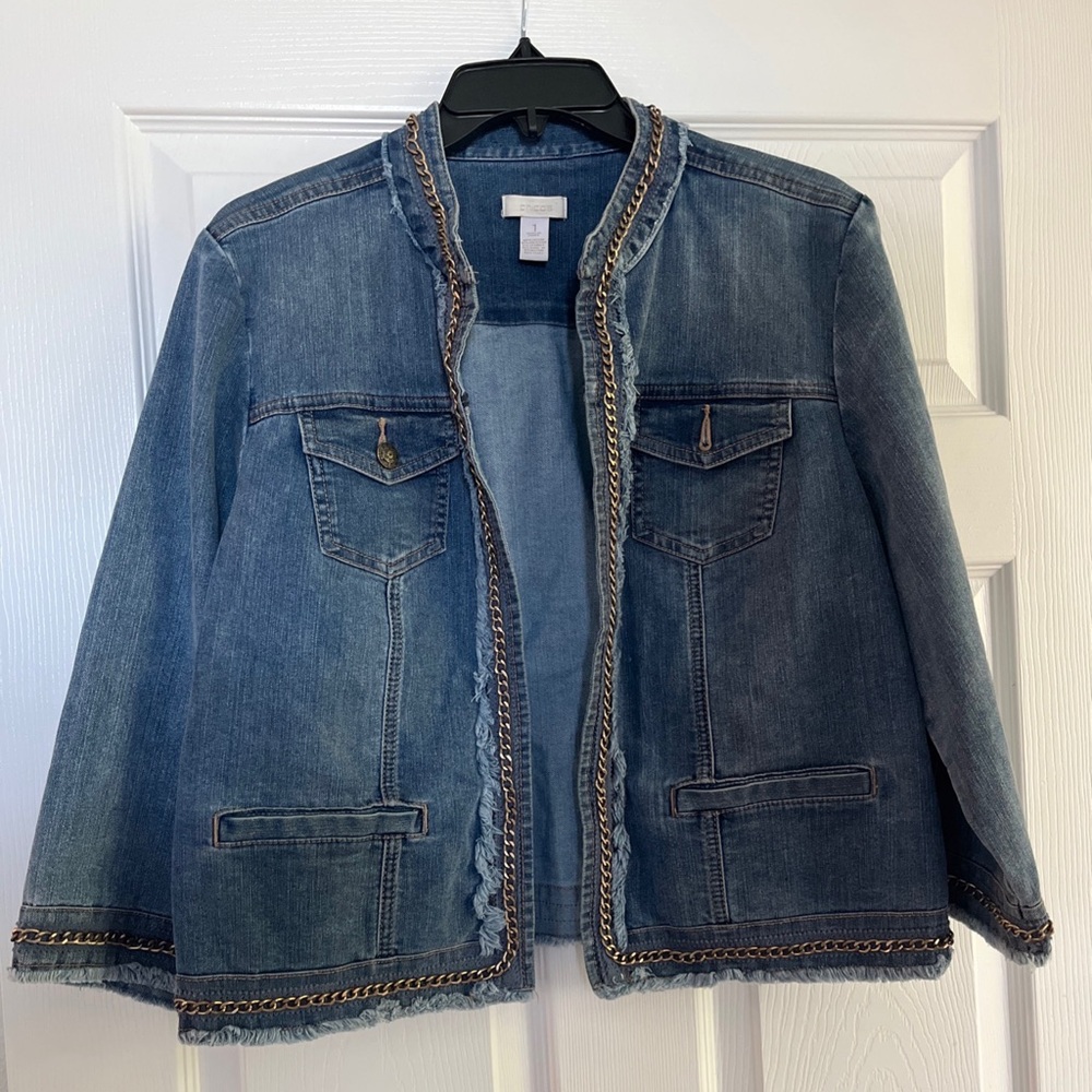 Chico's Blue Denim Jacket with Gold Chain Accents, Size 1
